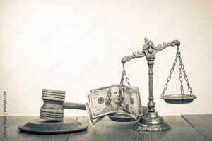 balanca de justica sobre mesa com dinheiro