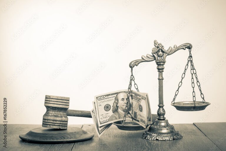 balanca de justica sobre mesa com dinheiro