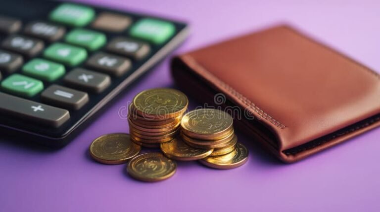 calculadora com moedas e carteira ao lado