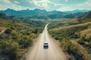 carro na estrada deserta com montanhas