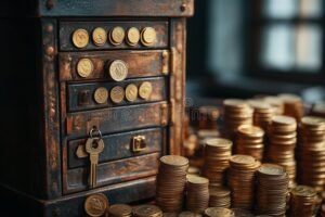cofre cheio de moedas brilhantes e notas