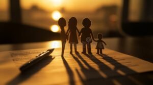 familia feliz com documentos legais ao fundo