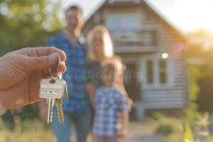 familia feliz segurando chave da casa nova