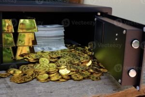 imagem de cofre cheio de moedas douradas