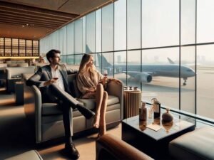 lounge de aeroporto elegante com viajante relaxando