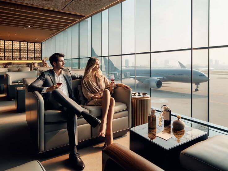 lounge de aeroporto elegante com viajante