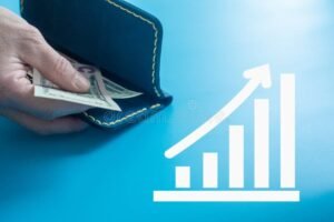 maos segurando carteira com dinheiro e grafico