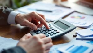 maos usando calculadora com documentos financeiros