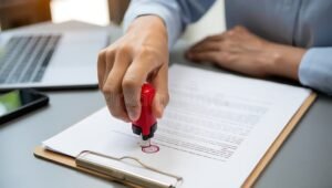 pessoa assinando documentos com selo oficial