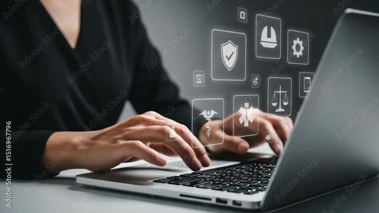 pessoa digitando em teclado com icones digitais