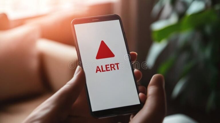 pessoa segurando celular com mensagem de alerta