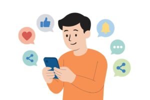 pessoa sorrindo com smartphone e icones digitais