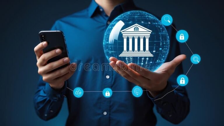 pessoa usando celular com icones de banco digital