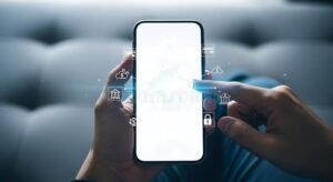 pessoa usando smartphone com icones de banco