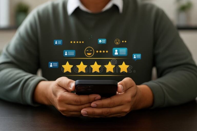 pessoa usando smartphone com icones de desempenho ao redor