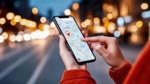 pessoa usando smartphone com mapa digital aberto