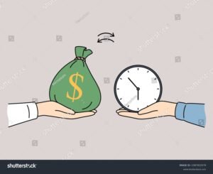 relogio e maos entregando dinheiro simbolico